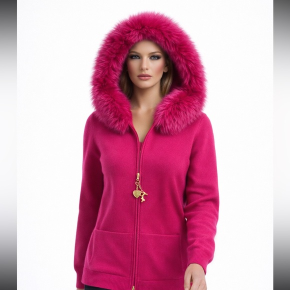 St. John Sweaters - St. John Cashmere Fox Fur Trim knit sweater set cardigan & tank top mock neck